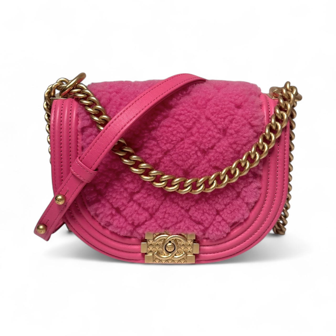 Chanel Fuchsia Shearling Sm Messenger Round Boy Bag