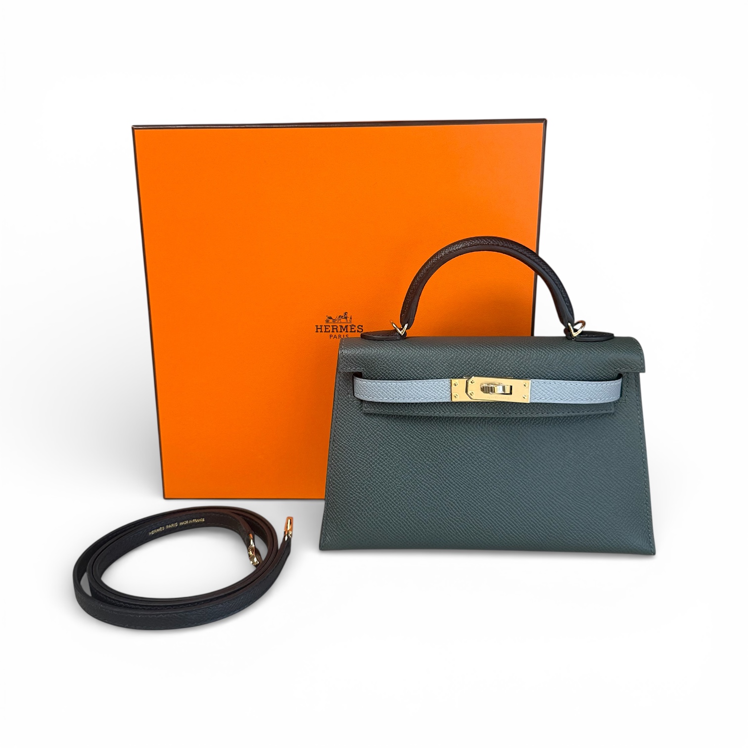 Hermes Tri-Color Mini Kelly (2025) in Vert Mangrove/Gris Pantin/Noir