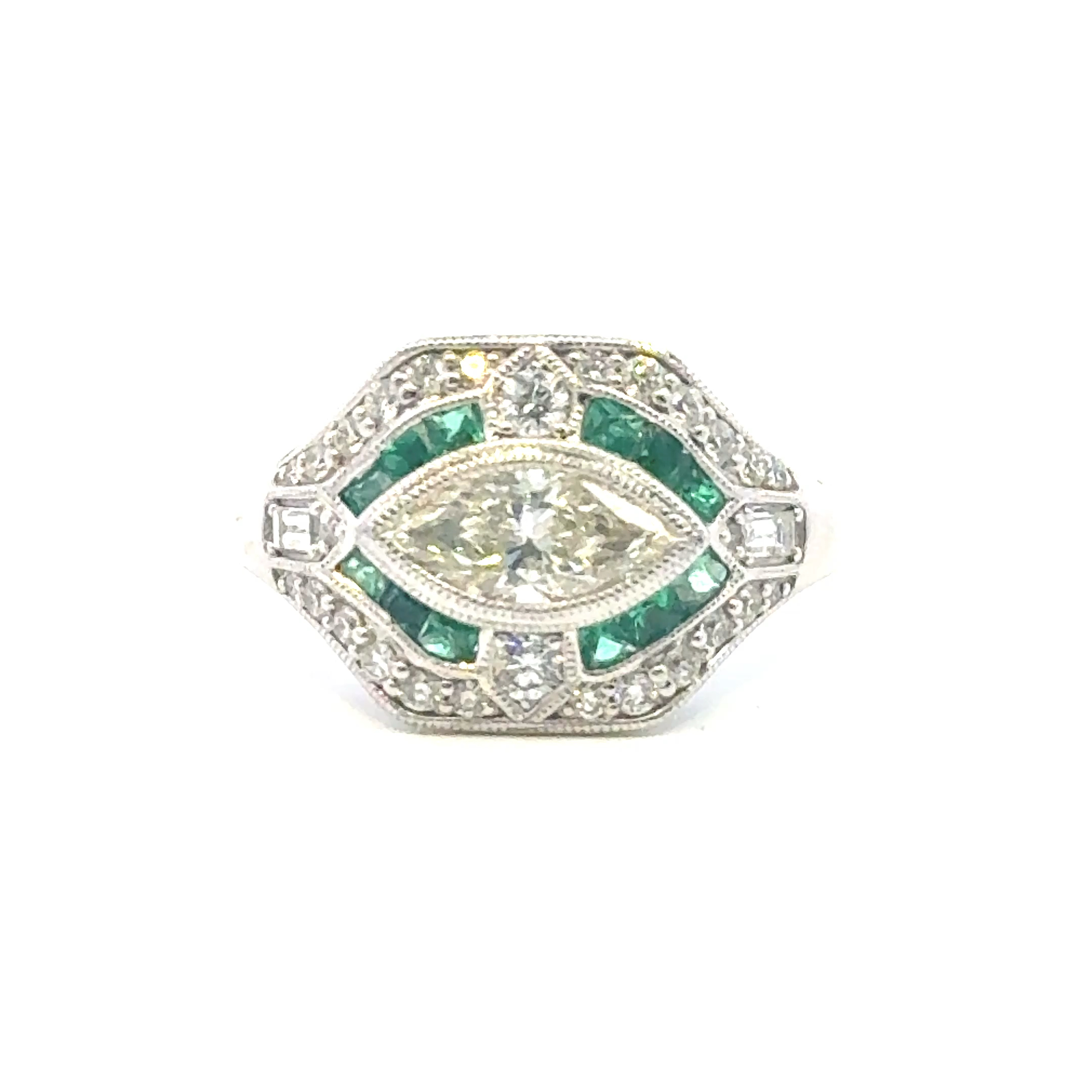 Vintage Collection , MQ 1.00ct L SI1 - GIA (2205870787) (10.05mm x4.73mm x3.44mm) with 30 Natural Diamonds 0.50ct and 12 natural green emeralds 0.38cts on 9.28 gr platinum