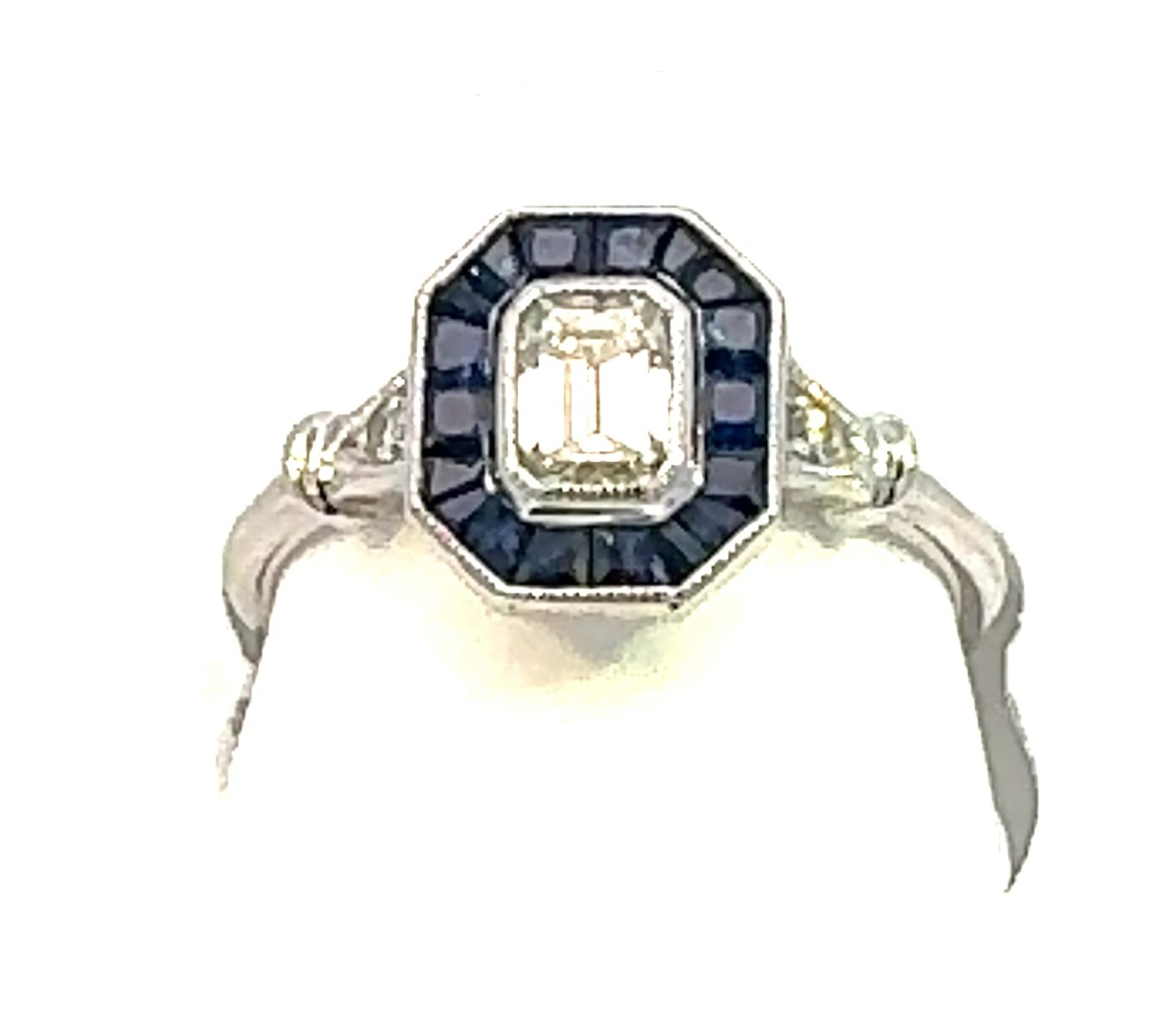 Vintage Rings 0.32CTW with 0.33 Emerald Natural Diamond center , 2 RD Dia 0.02 & 14 pcs Natural Ruby 0.52 Sides set on 2.45gr 14k WG