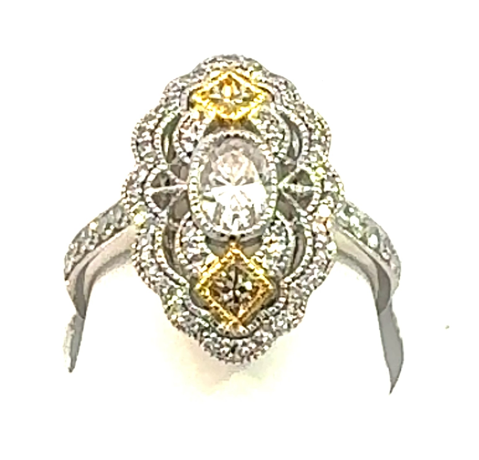 VINTAGE COLLECTION  1.10CTW / 3 PCS 0.75  CNTR & 99 SIDES  0.35CTS SIDES SET ON  3.64GR 14K TWO TONE  GOLD RING SIZE 6.75