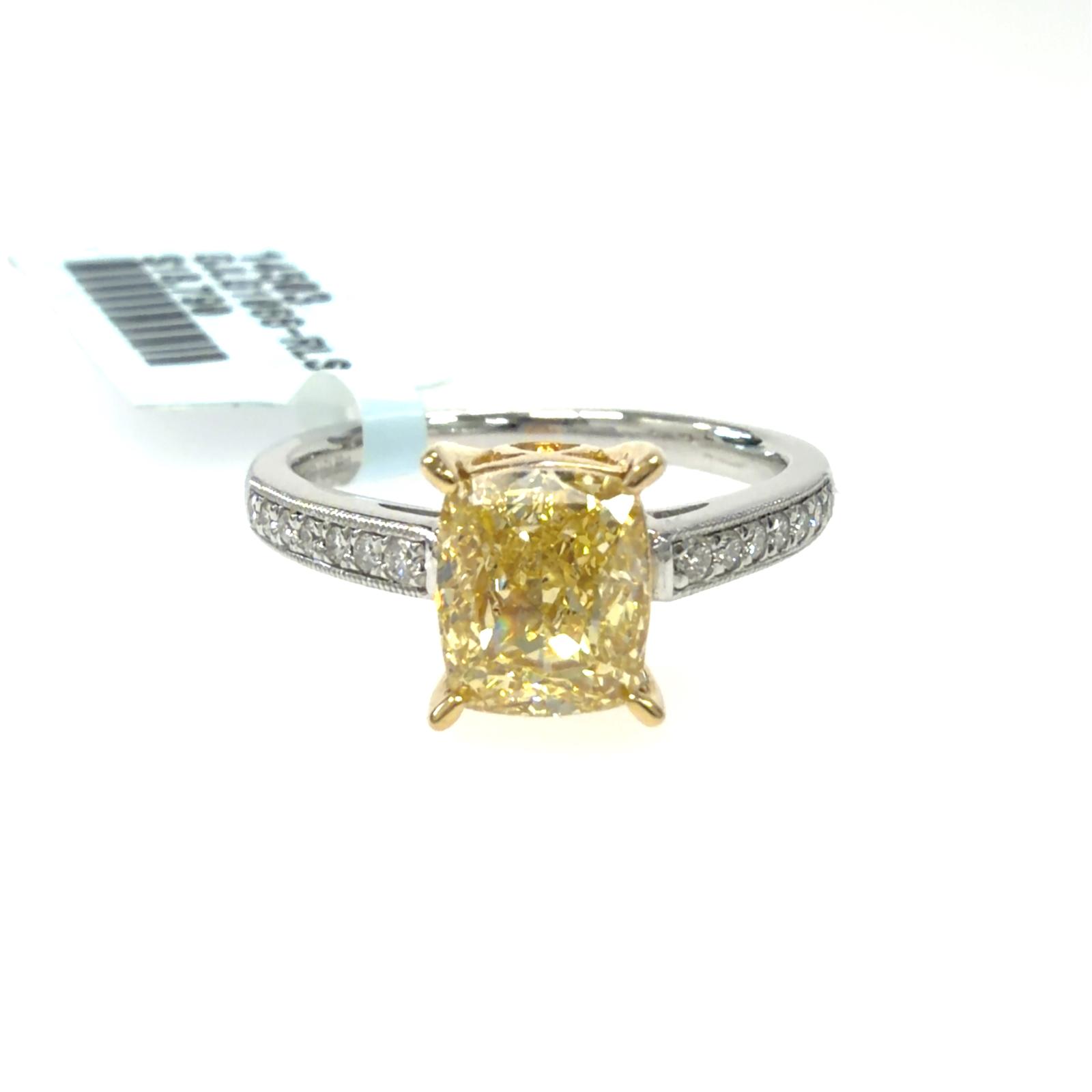 Platinum Lab Grown Diamond Ring Yellow Cushion 1.77CT RD 20D- 0.11CTW 1.88CTW/  4.48GR