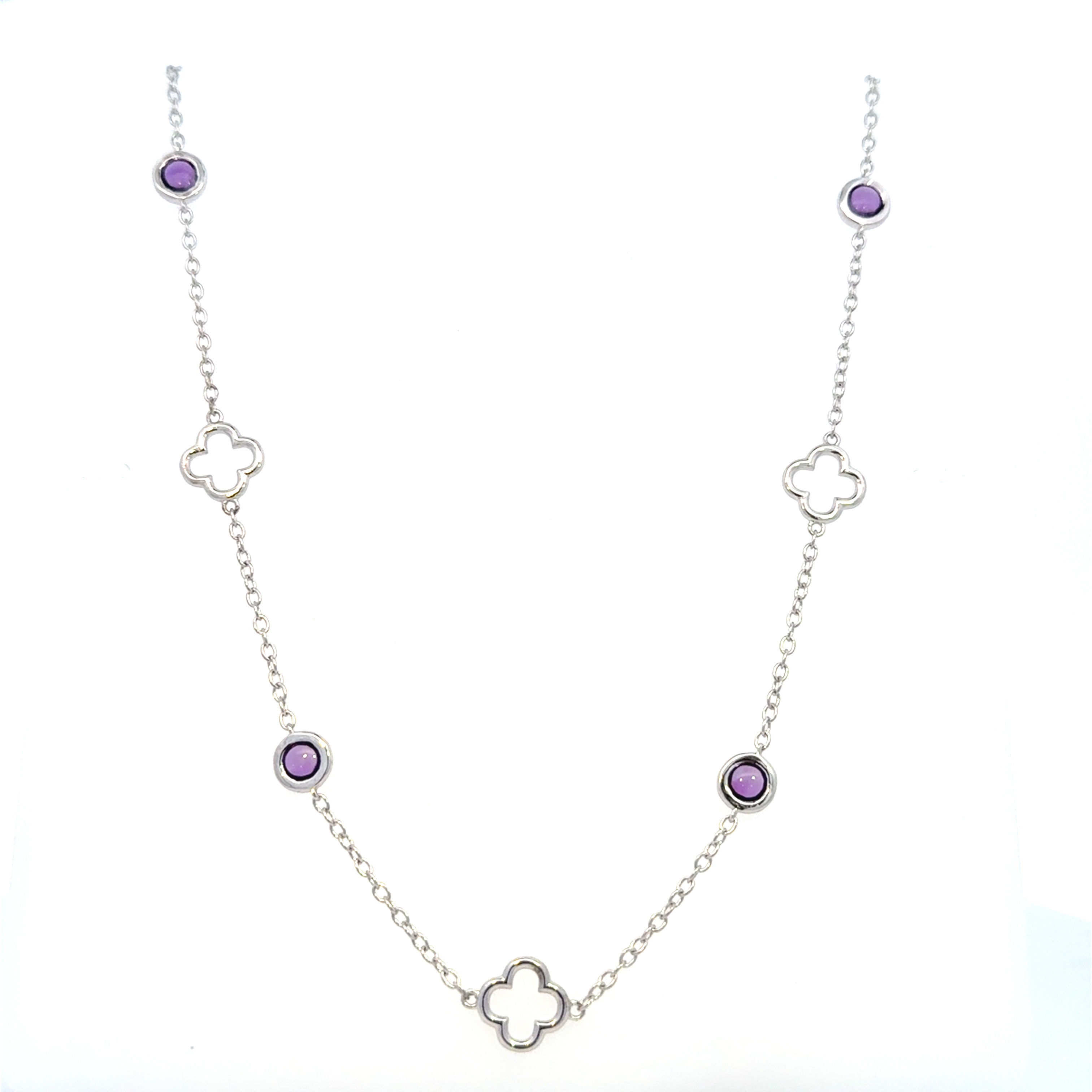 Color Candy Collection Necklace with CLOVER & 4 pcs 4.5MM RD Amethyst set on 6.4 gr SS/14k WG 