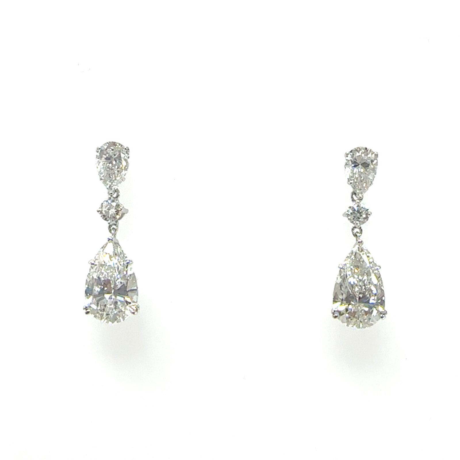 14KWG LAB GROWN DIAMOND DANGLING PEAR EARRINGS 4PE-2.21CTW 2RD-0.10CTW 14KW-0.96GR