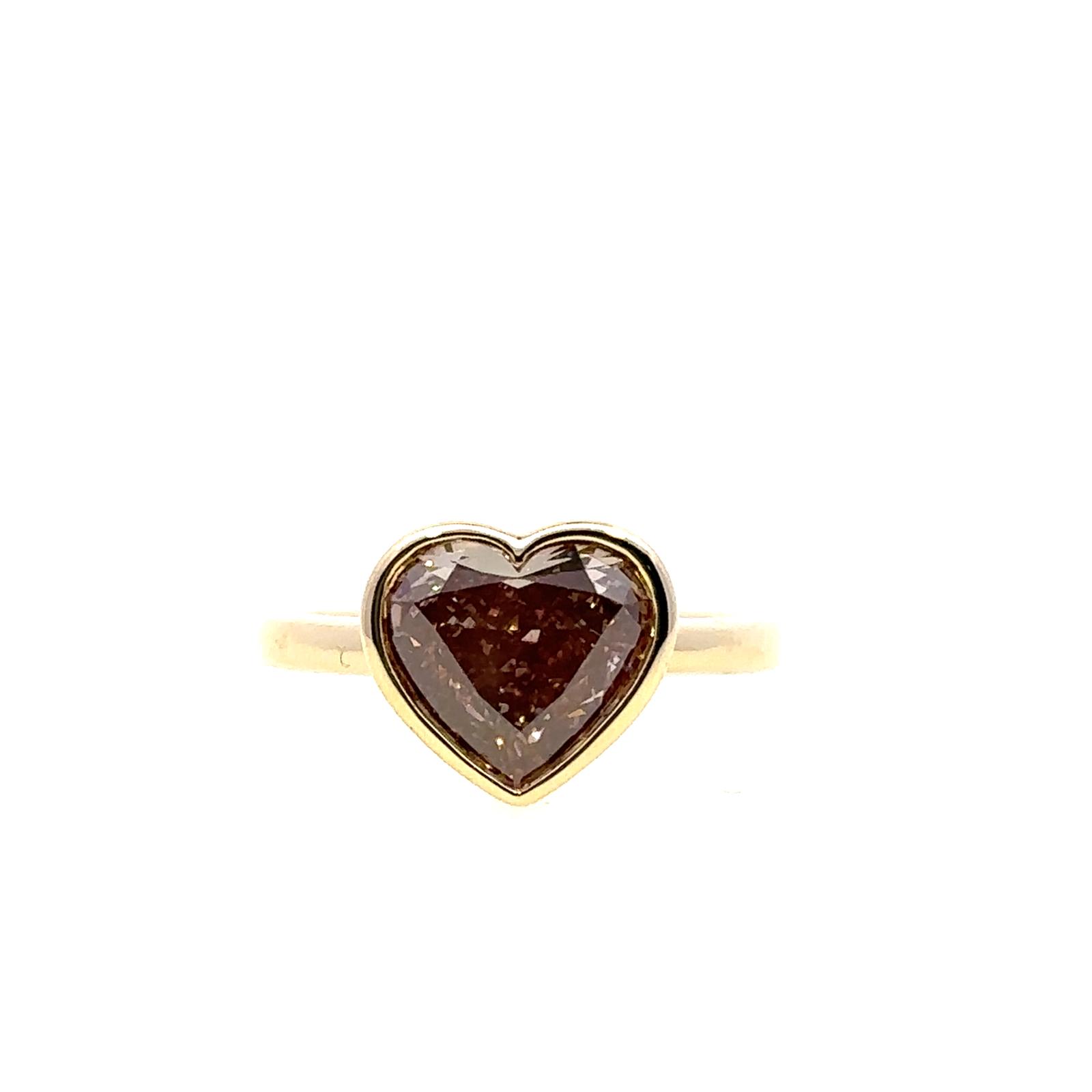 14KY BEZEL SET SOLITAIRE 1D-3.59CTW BROWNISH PINK COLOR HEART SHAPE LAB GROWN DIAMOND