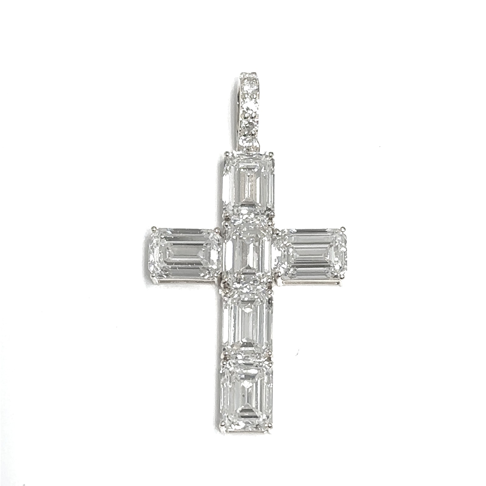 14KW LAB GROWN DIAMOND EMERALD CROSS PENDANT 6EM-5.11CT 5RD-0.07CTW 14KW-0.98GR