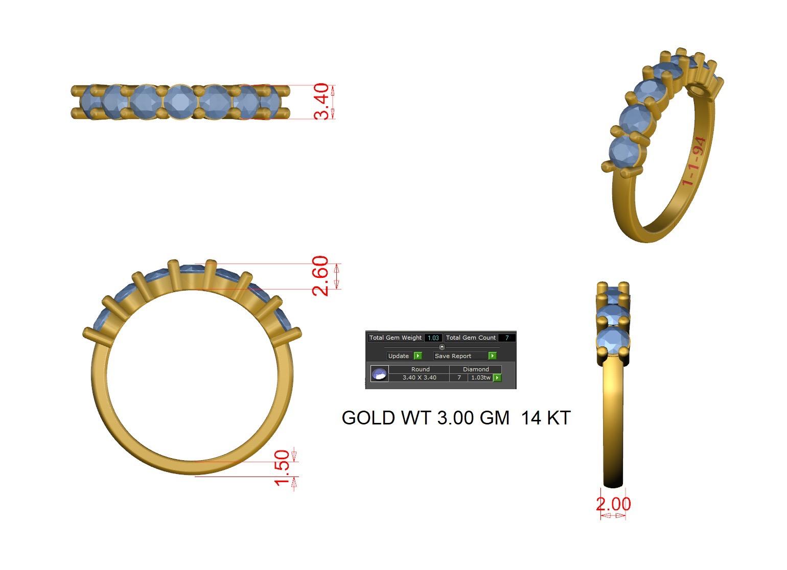Custom Made 7 stone band RD F-H SI 3.5 mm 1.03 ctw on 14k Yellow Gold finger size 7
engraved 1-1-94
$1249 for the band 
$50 engraving 
$50 overnight Shipping 