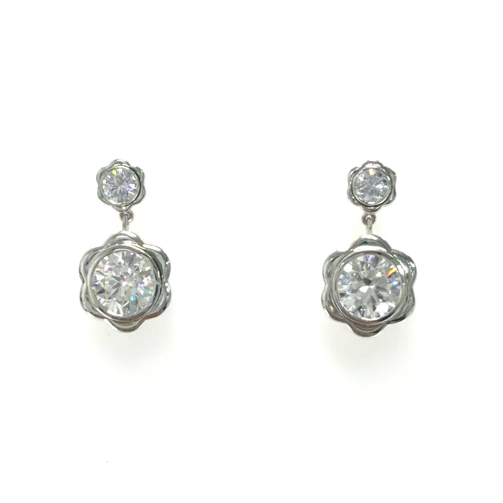 14k WG Lab Grown Diamond Flower Bezel Dangling Earrings 2RD- 2.03CTW 2RD-0.32CTW 14KW-2.62GR