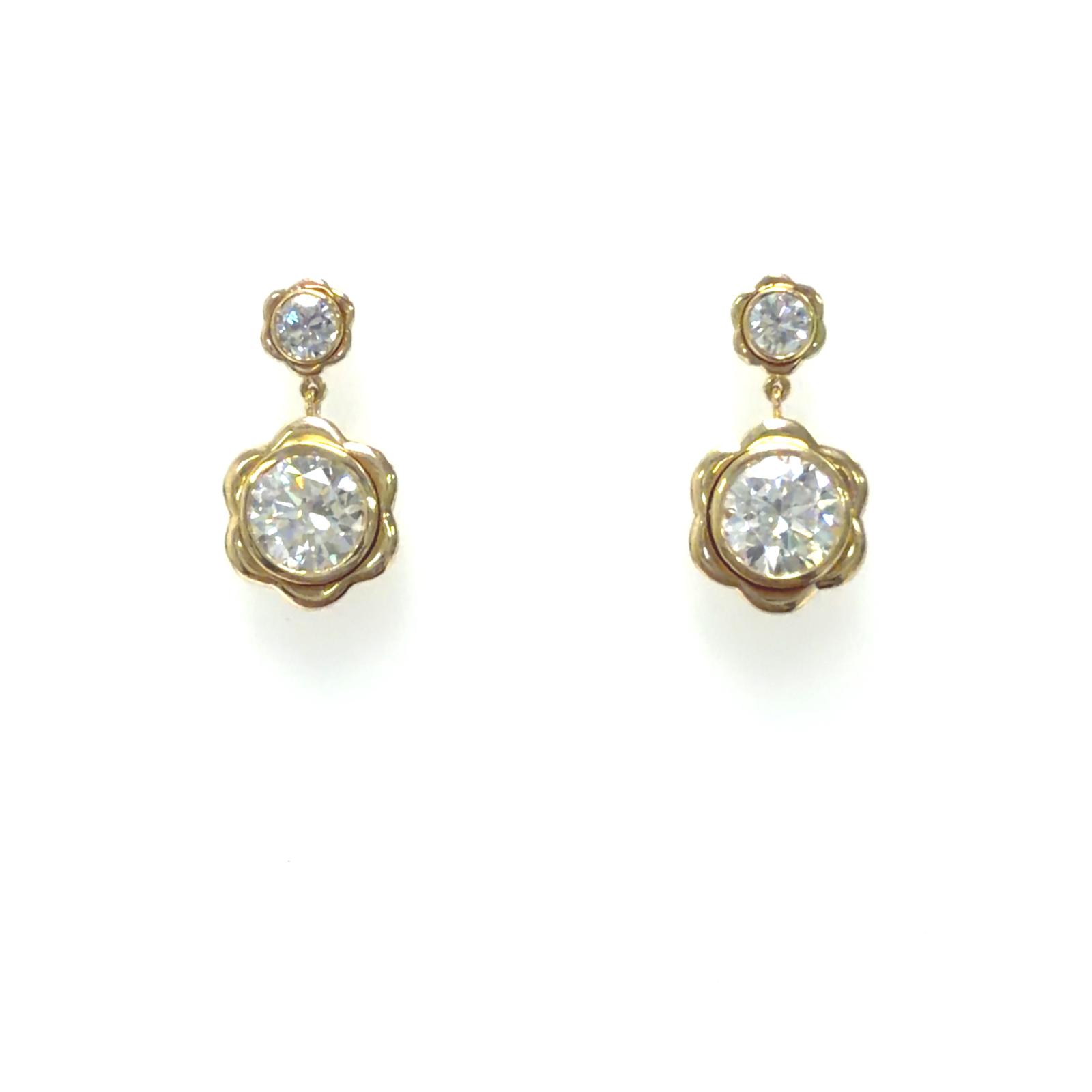 14k YG Lab Grown Diamond Flower Bezel Dangling  Earrings  2RD-2.01CTW 2RD0.32CTW 4D-2.33CTW  1.07GR